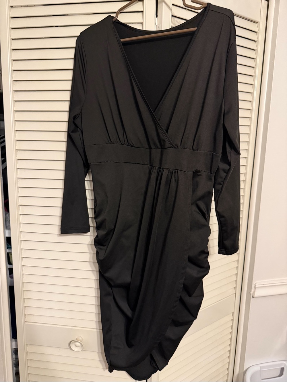 SHEIN Black Long Sleeve Surplice Draped Midi Dress